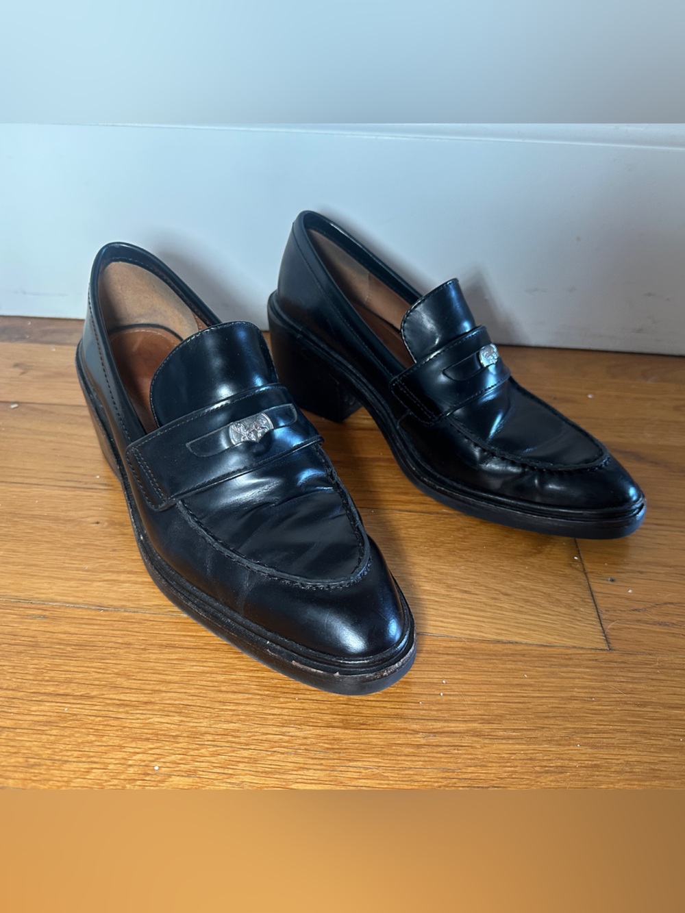 Coach Black Leather Women's Penny Loafers with Silver Accent